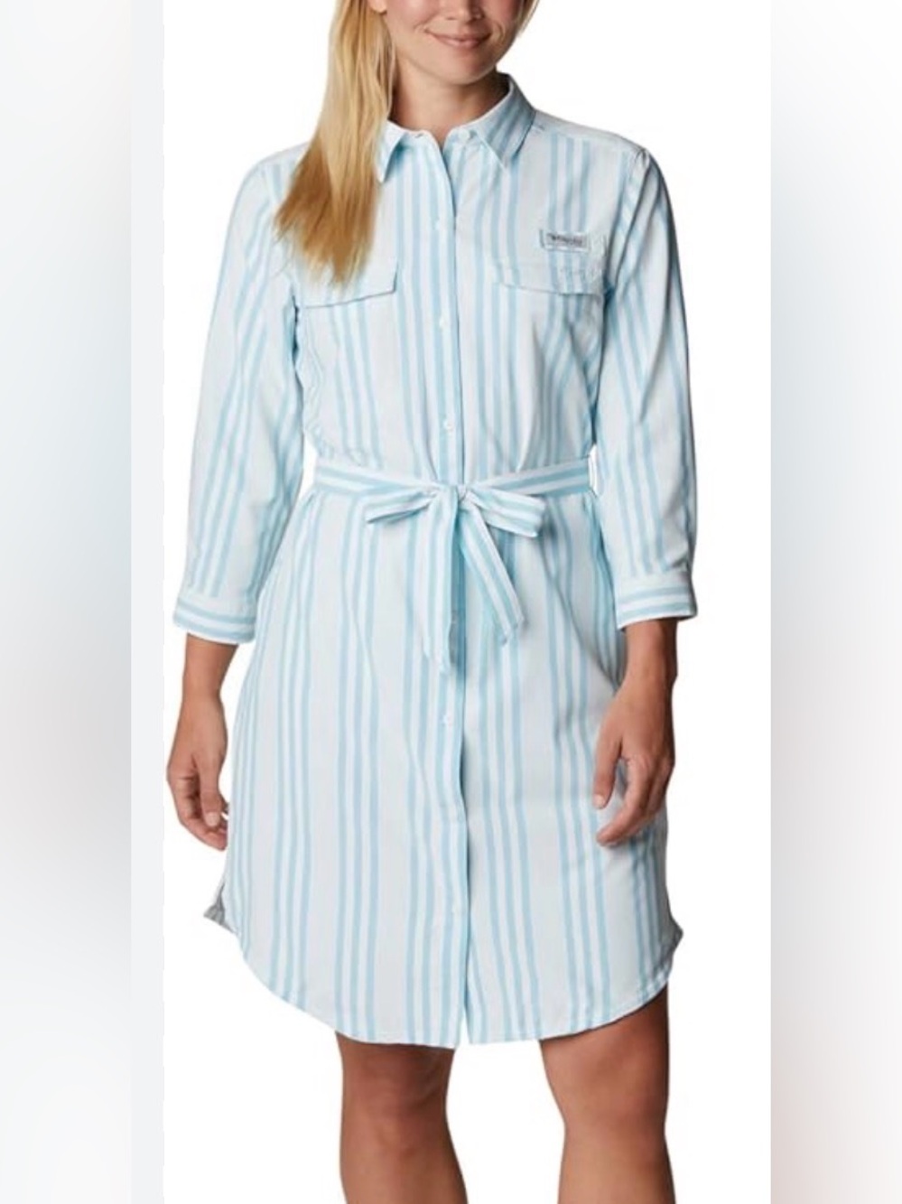 Flattering Columbia shirt dress. Fresh look inBlue and white stripes. Medium.